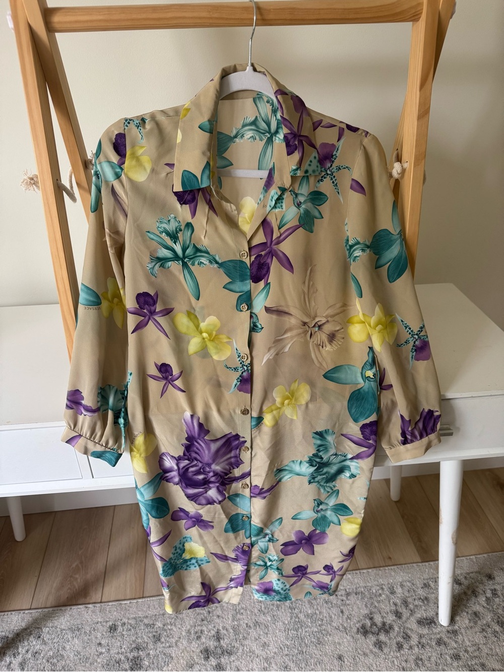 Vintage Versace button-Up Shirt Dress in Beige with Teal, Purple & Yellow Blooms